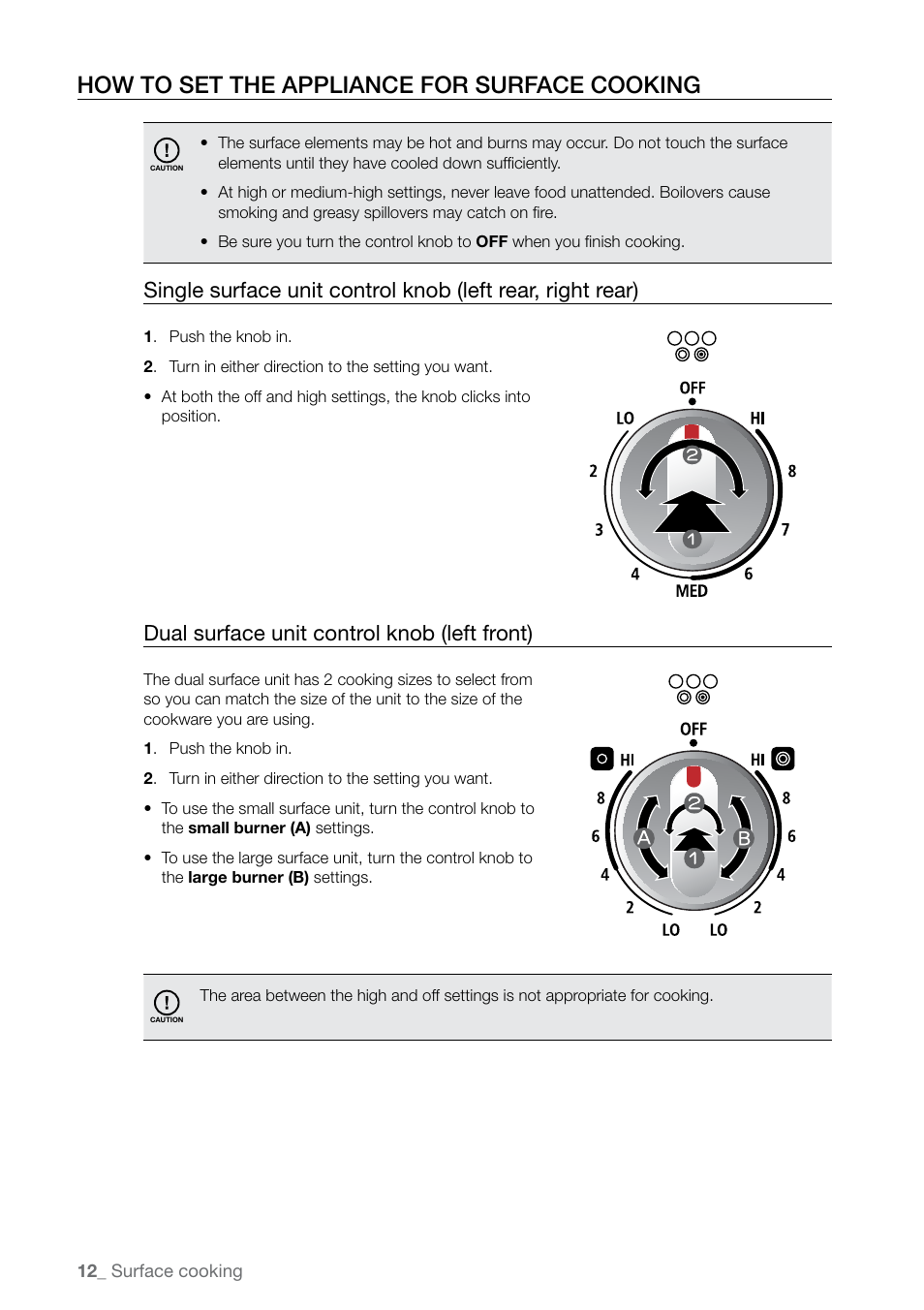 How to set the appliance for surface cooking, Dual surface unit control knob (left front) | Samsung FTQ387 User Manual | Page 12 / 56