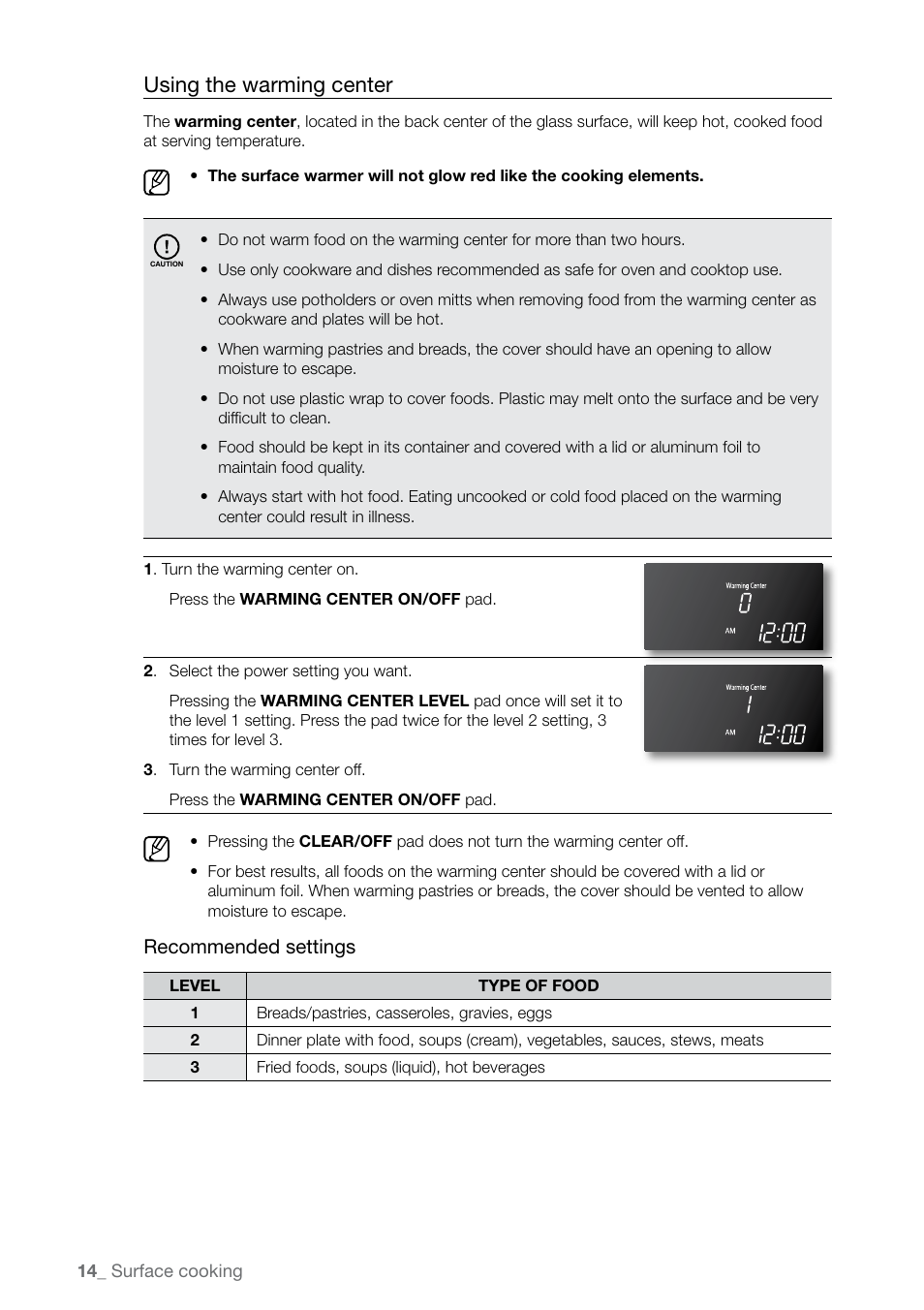Using the warming center, Recommended settings | Samsung FTQ387 User Manual | Page 14 / 56
