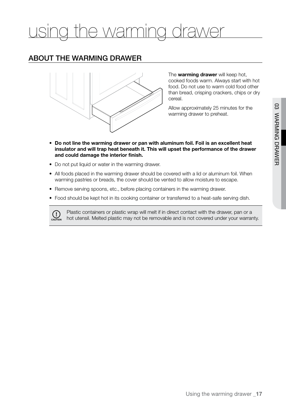 Using the warming drawer, About the warming drawer | Samsung FTQ387 User Manual | Page 17 / 56