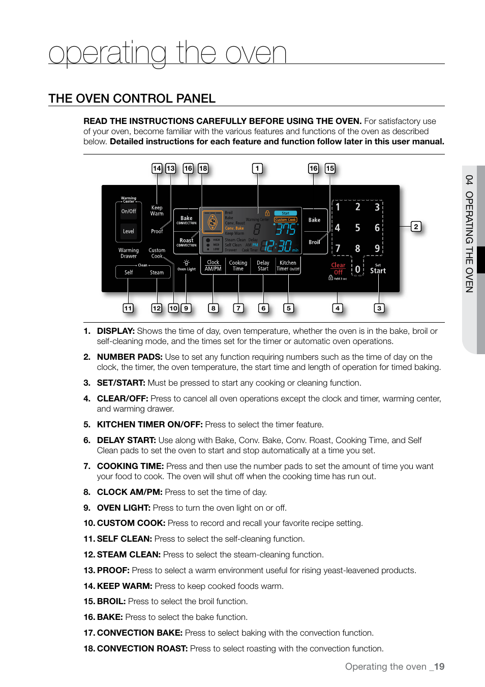 Operating the oven, The oven control panel | Samsung FTQ387 User Manual | Page 19 / 56
