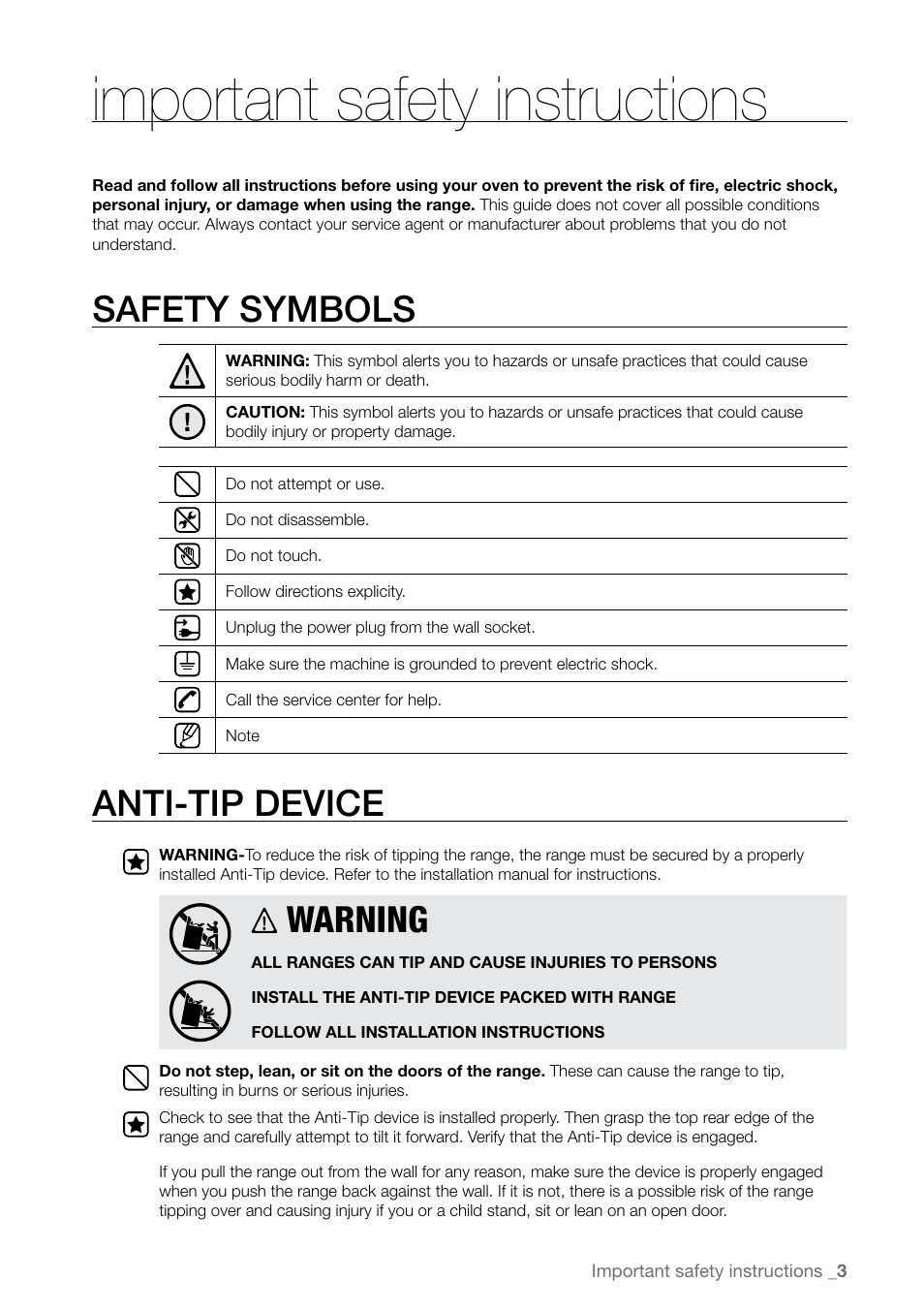 Important safety instructions, Safety symbols, Anti-tip device | Warning | Samsung FTQ387 User Manual | Page 3 / 56