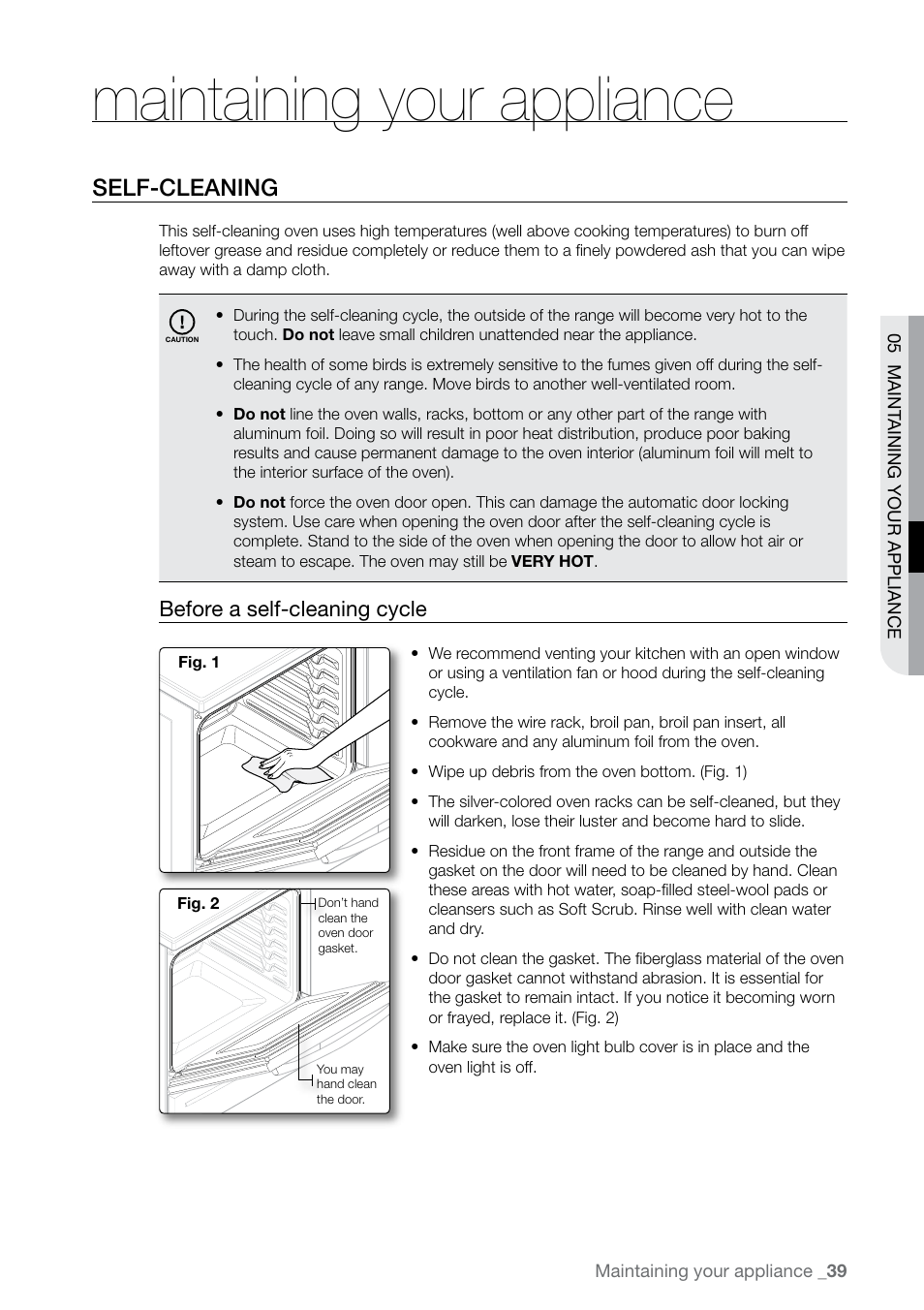 Maintaining your appliance, Self-cleaning, Before a self-cleaning cycle | Samsung FTQ387 User Manual | Page 39 / 56