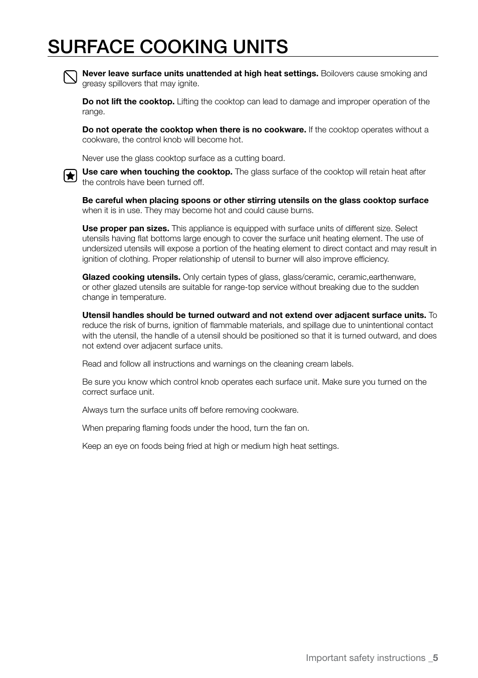Surface cooking units | Samsung FTQ387 User Manual | Page 5 / 56