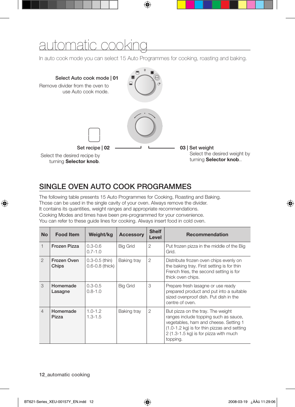 Automatic cooking, Single oven auto cook programmes | Samsung BT621 Series User Manual | Page 12 / 24