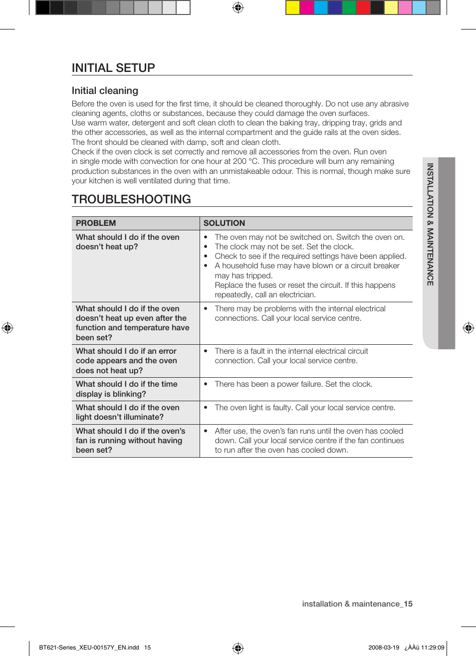 Initial setup, Troubleshooting, Initial cleaning | Samsung BT621 Series User Manual | Page 15 / 24
