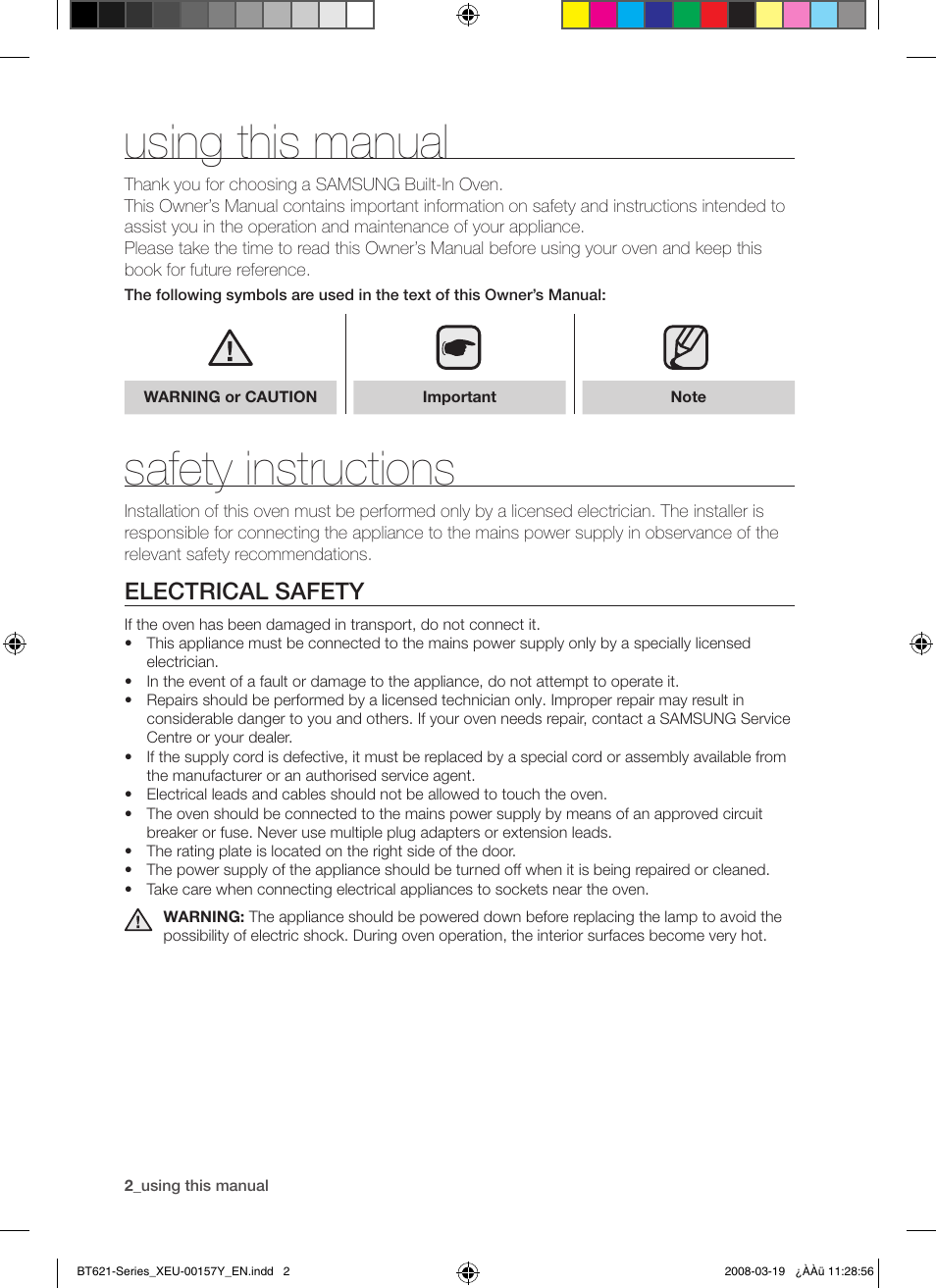 Using this manual, Safety instructions, Electrical safety | Samsung BT621 Series User Manual | Page 2 / 24