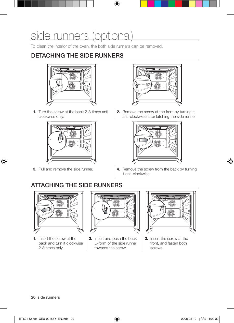 Side runners (optional), Detaching the side runners, Attaching the side runners | Samsung BT621 Series User Manual | Page 20 / 24