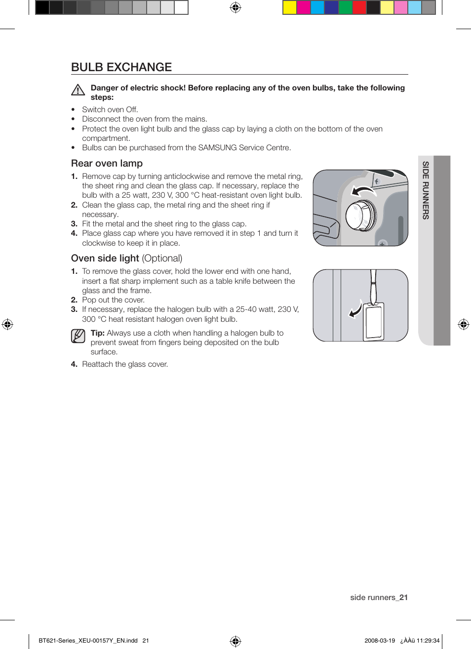 Bulb exchange, Rear oven lamp, Oven side light (optional) | Samsung BT621 Series User Manual | Page 21 / 24