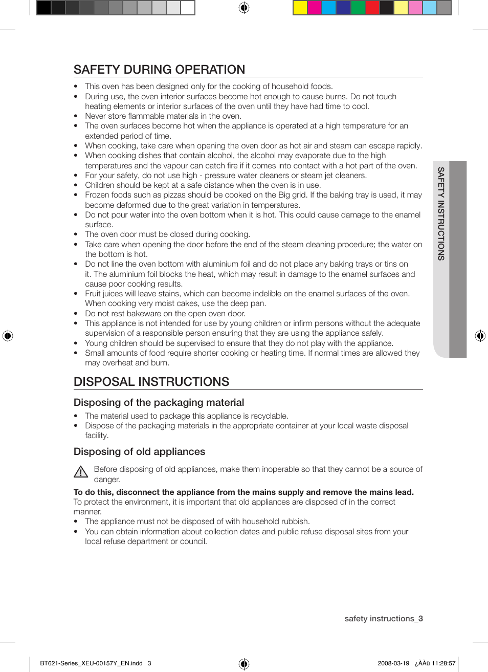 Safety during operation, Disposal instructions, Disposing of the packaging material | Disposing of old appliances | Samsung BT621 Series User Manual | Page 3 / 24