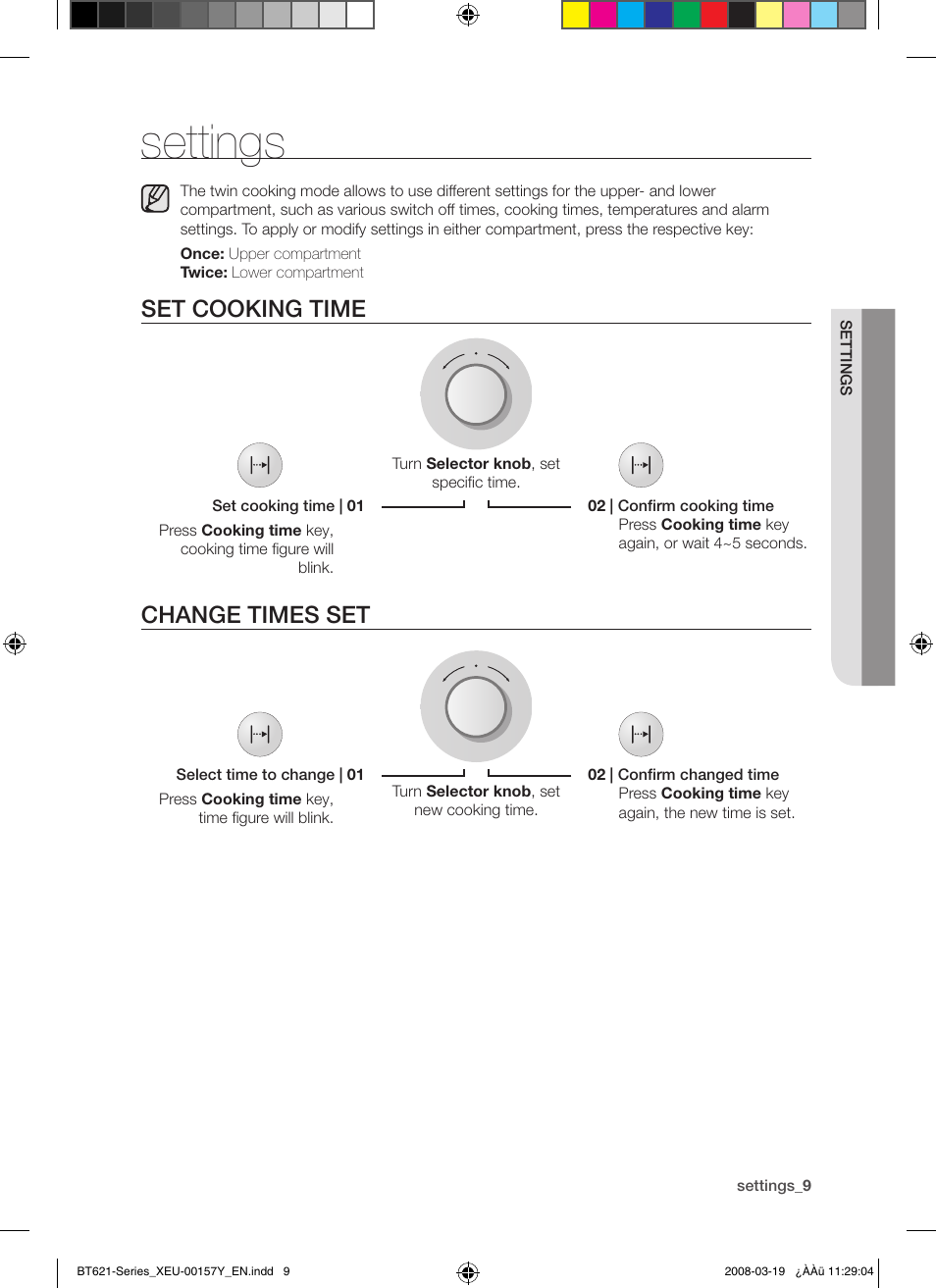 Settings, Set cooking time change times set | Samsung BT621 Series User Manual | Page 9 / 24