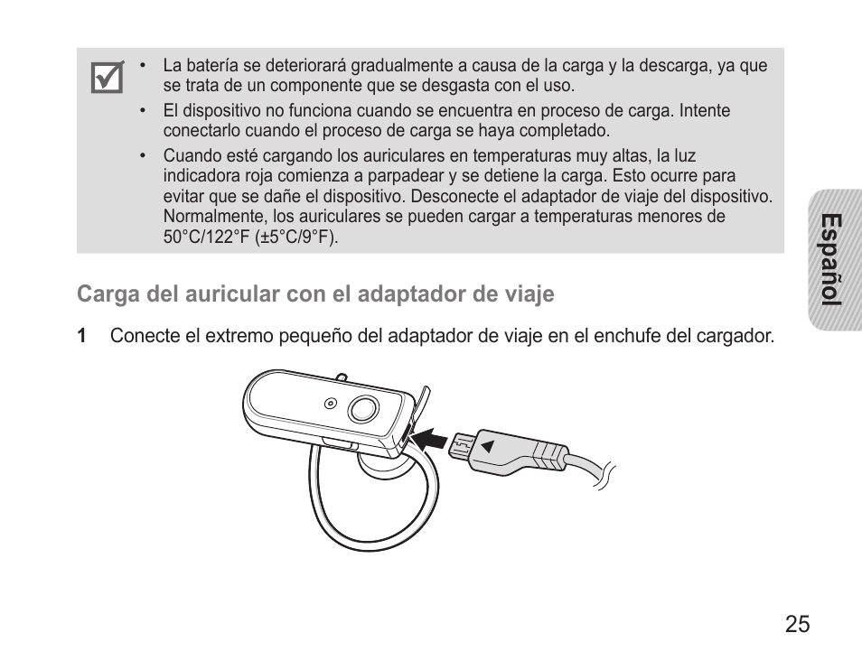 Español, Carga.del.auricular.con.el.adaptador.de.viaje | Samsung GH68-28506A User Manual | Page 28 / 42