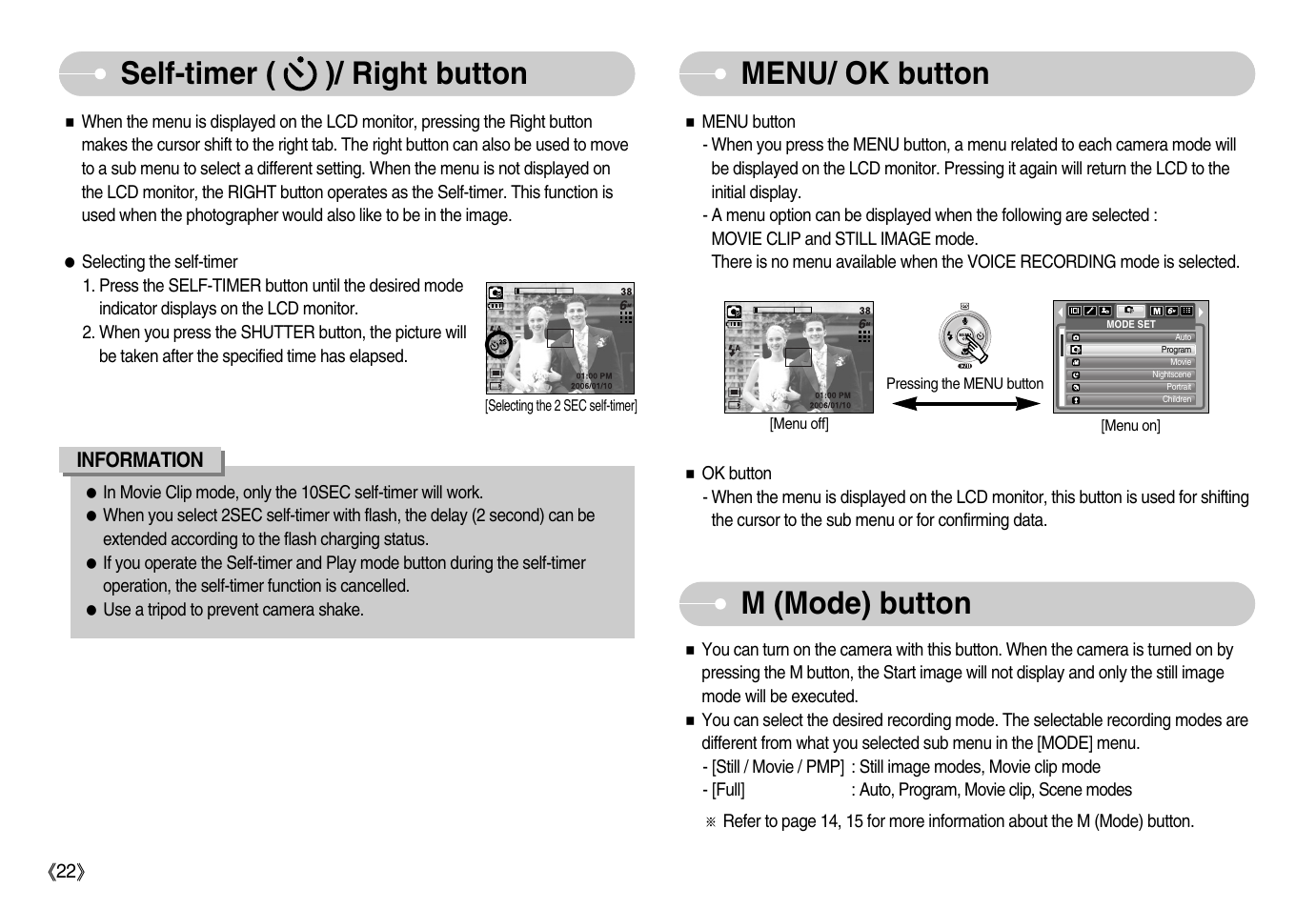 Self-timer ( )/ right button menu/ ok button, M (mode) button | Samsung Digimax i6 User Manual | Page 23 / 90