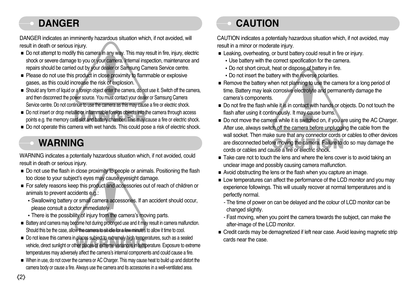 Danger caution, Warning | Samsung Digimax i6 User Manual | Page 3 / 90