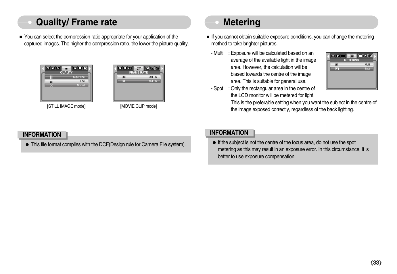 Quality/ frame rate metering, Information | Samsung Digimax i6 User Manual | Page 34 / 90