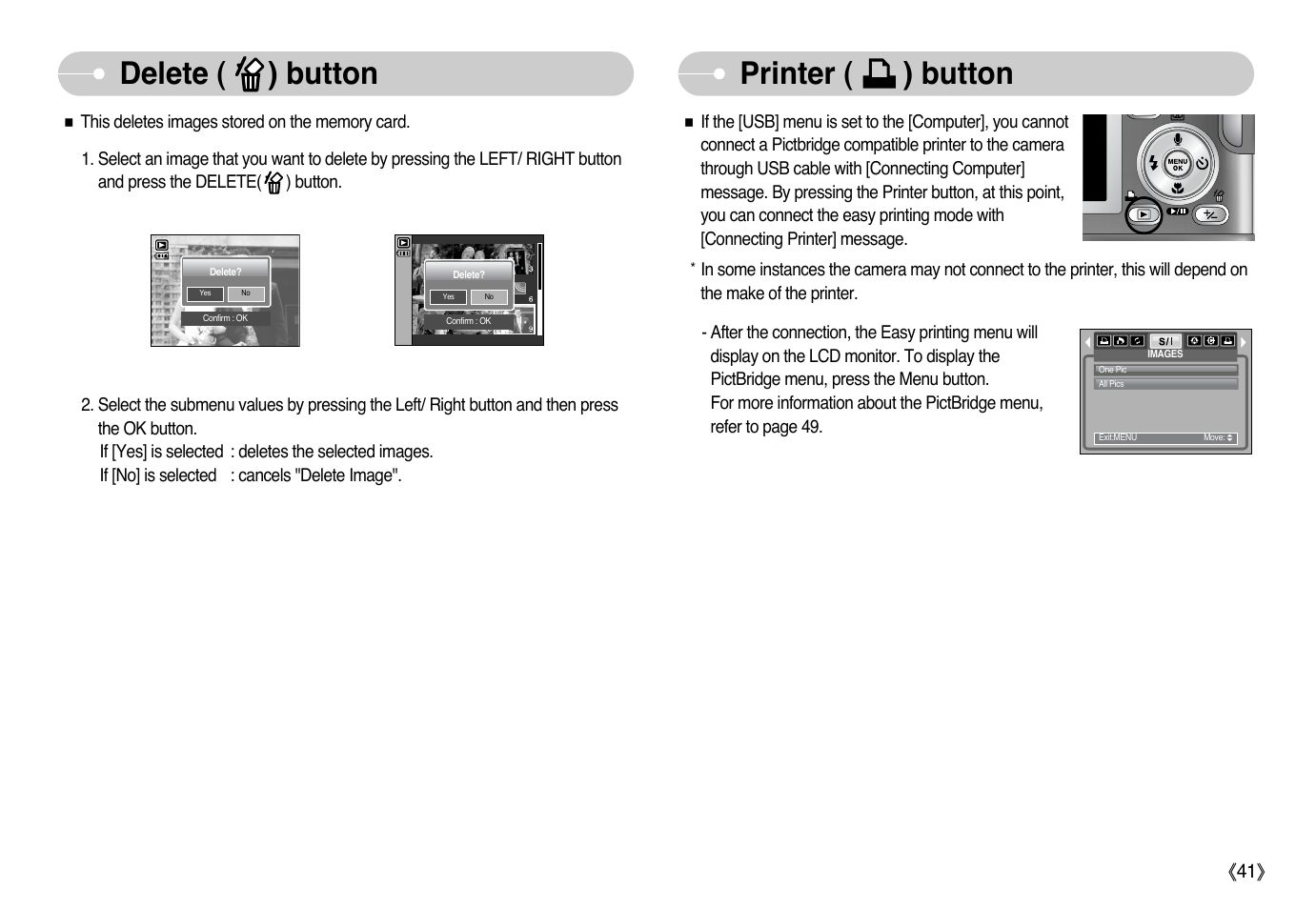 Delete ( ) button printer ( ) button | Samsung Digimax i6 User Manual | Page 42 / 90