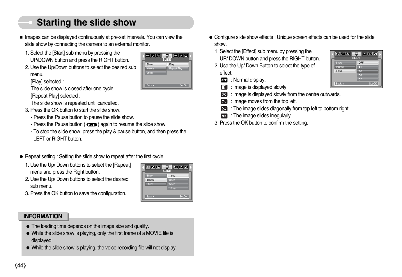 Starting the slide show, Information, Ŝ44ş | Samsung Digimax i6 User Manual | Page 45 / 90