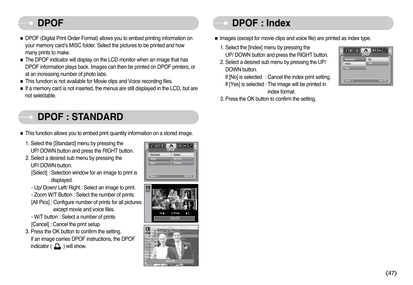 Dpof dpof : index, Dpof : standard | Samsung Digimax i6 User Manual | Page 48 / 90
