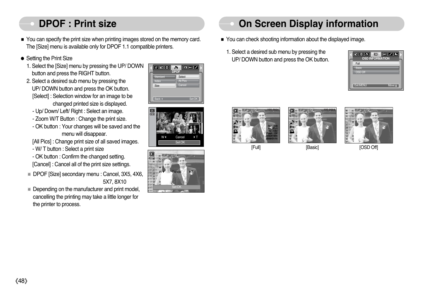 Dpof : print size on screen display information, Ŝ48ş | Samsung Digimax i6 User Manual | Page 49 / 90