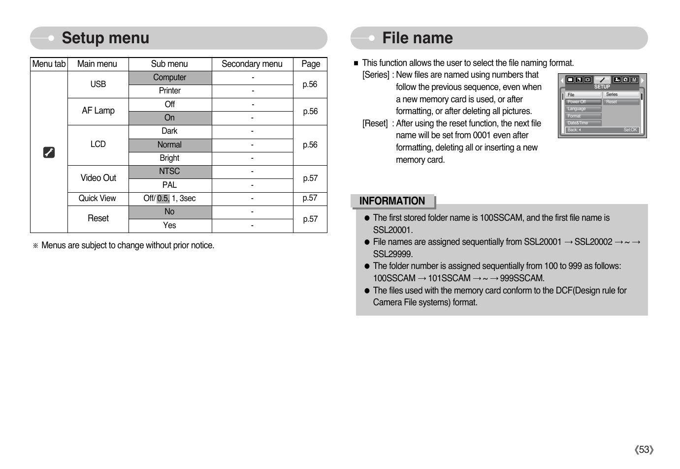 Setup menu file name | Samsung Digimax i6 User Manual | Page 54 / 90