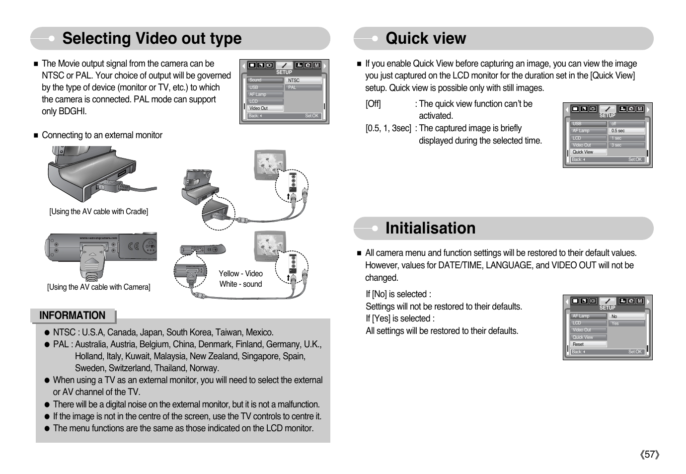 Initialisation selecting video out type quick view, Information, Ŝ57ş | Samsung Digimax i6 User Manual | Page 58 / 90