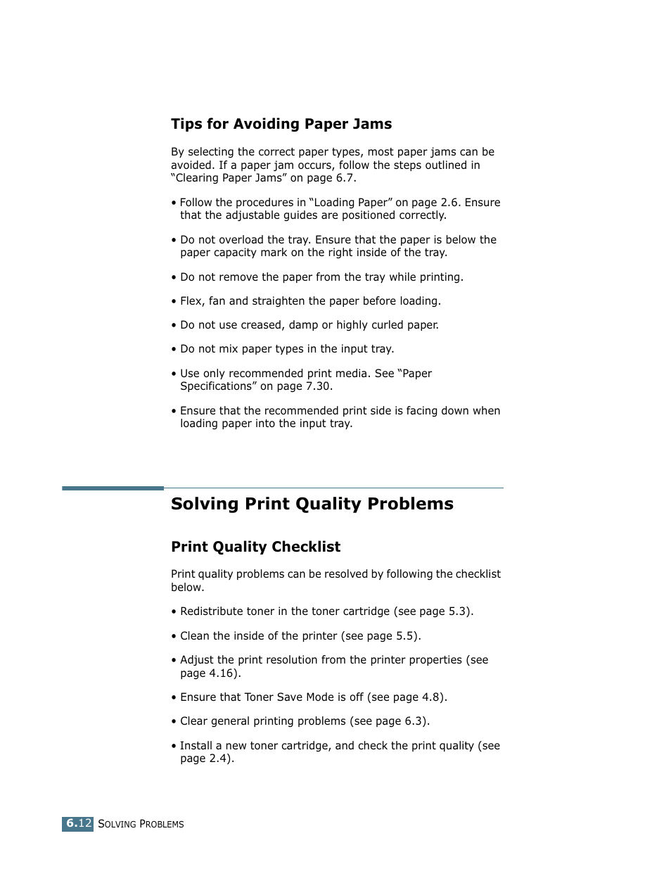 Tips for avoiding paper jams, Solving print quality problems, Print quality checklist | Samsung ML-1750 User Manual | Page 107 / 156