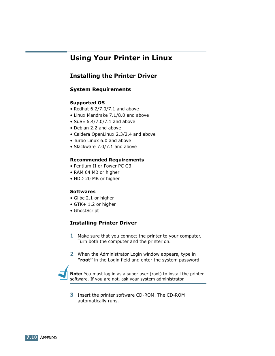 Using your printer in linux, Installing the printer driver | Samsung ML-1750 User Manual | Page 129 / 156