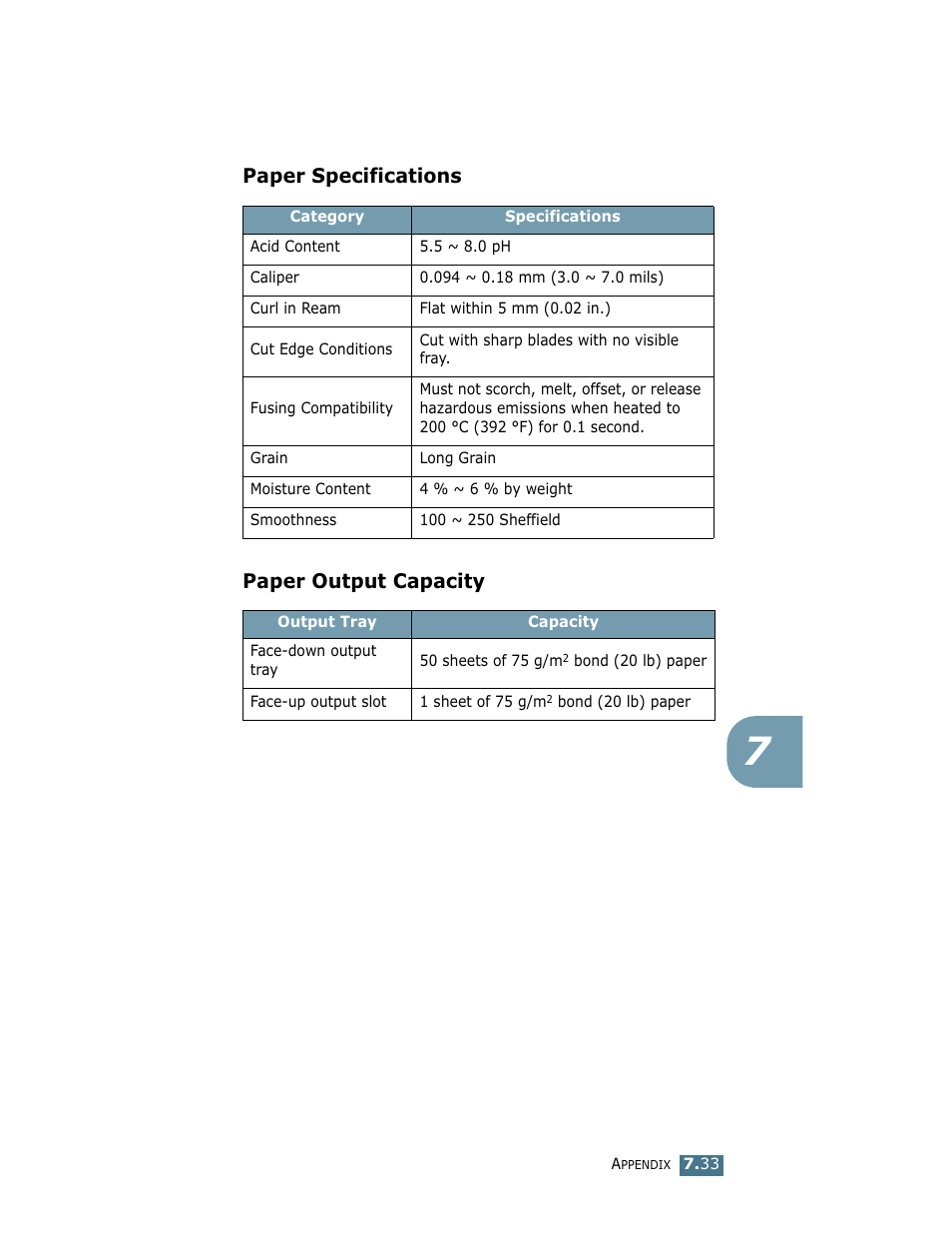 Paper specifications, Paper output capacity, Paper specifications paper output capacity | Samsung ML-1750 User Manual | Page 152 / 156