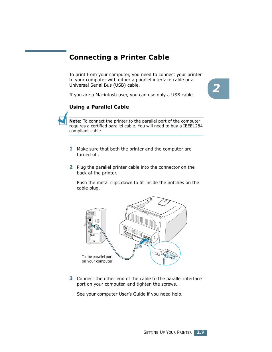 Connecting a printer cable | Samsung ML-1750 User Manual | Page 28 / 156