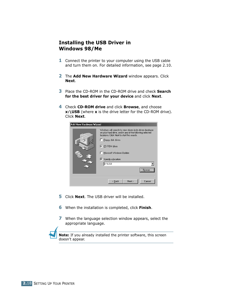 Installing the usb driver in windows 98/me | Samsung ML-1750 User Manual | Page 37 / 156