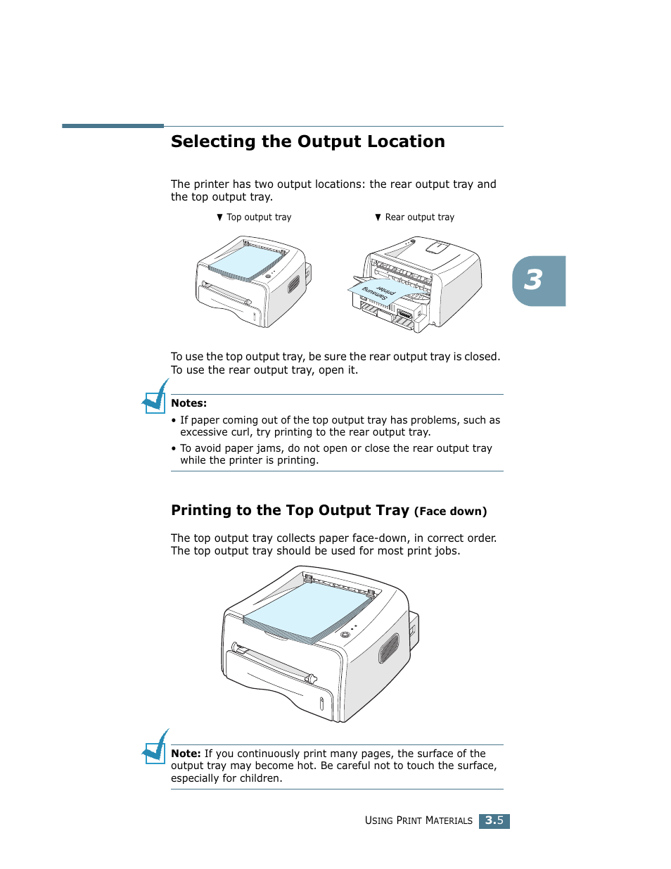 Selecting the output location, Printing to the top output tray (face down), Printing to the top output tray | Samsung ML-1750 User Manual | Page 44 / 156