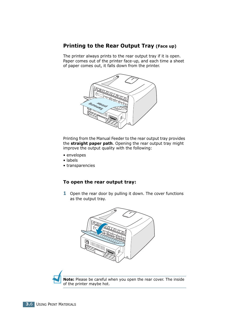 Printing to the rear output tray (face up), Printing to the rear output tray | Samsung ML-1750 User Manual | Page 45 / 156