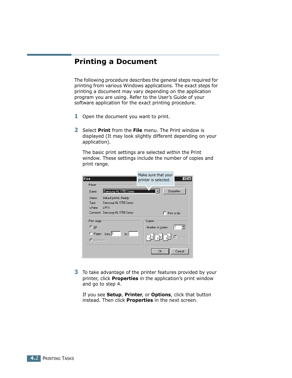 Printing a document | Samsung ML-1750 User Manual | Page 59 / 156