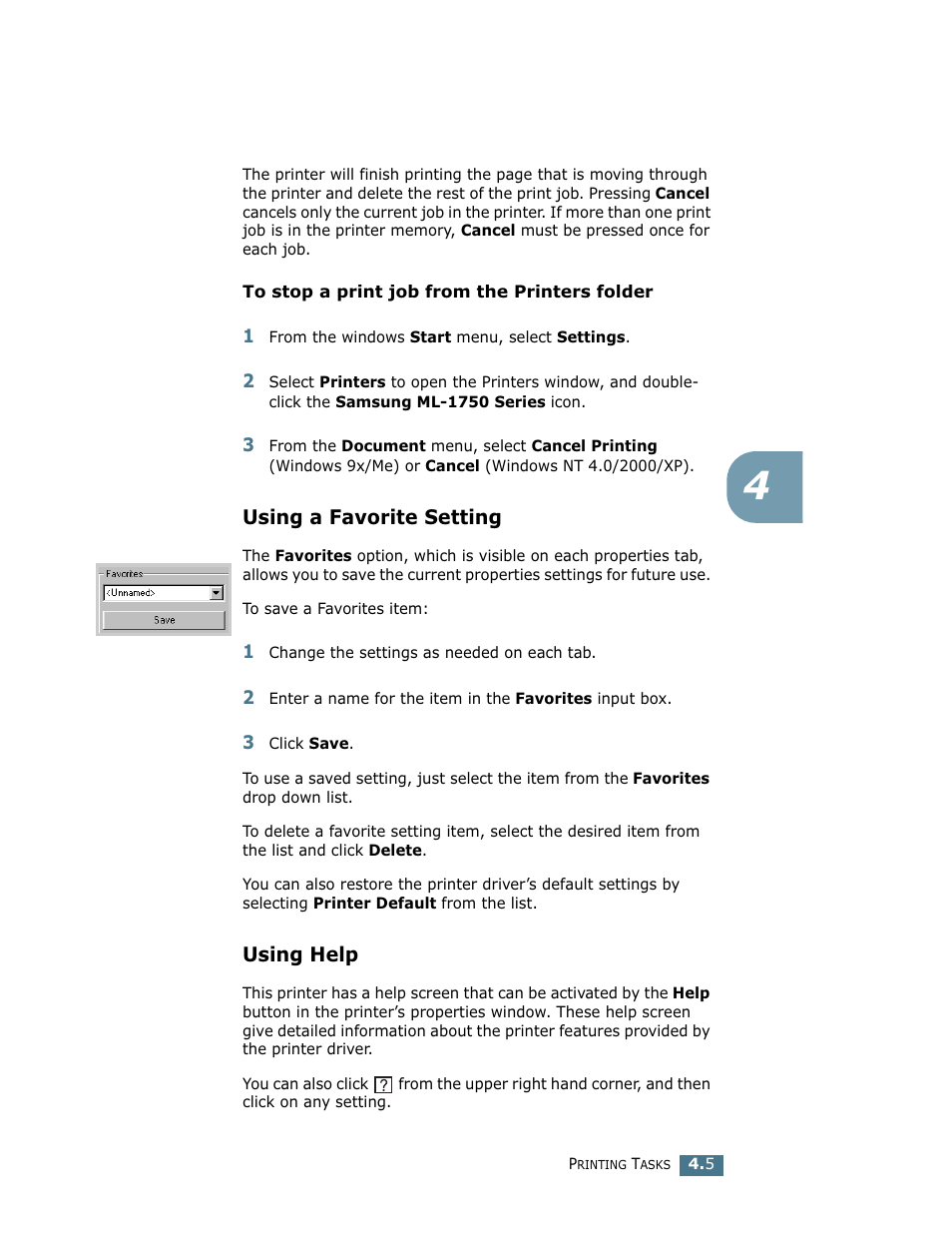 Using a favorite setting, Using help, Using a favorite setting using help | Samsung ML-1750 User Manual | Page 62 / 156