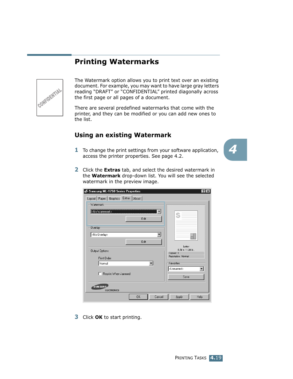 Printing watermarks, Using an existing watermark | Samsung ML-1750 User Manual | Page 76 / 156