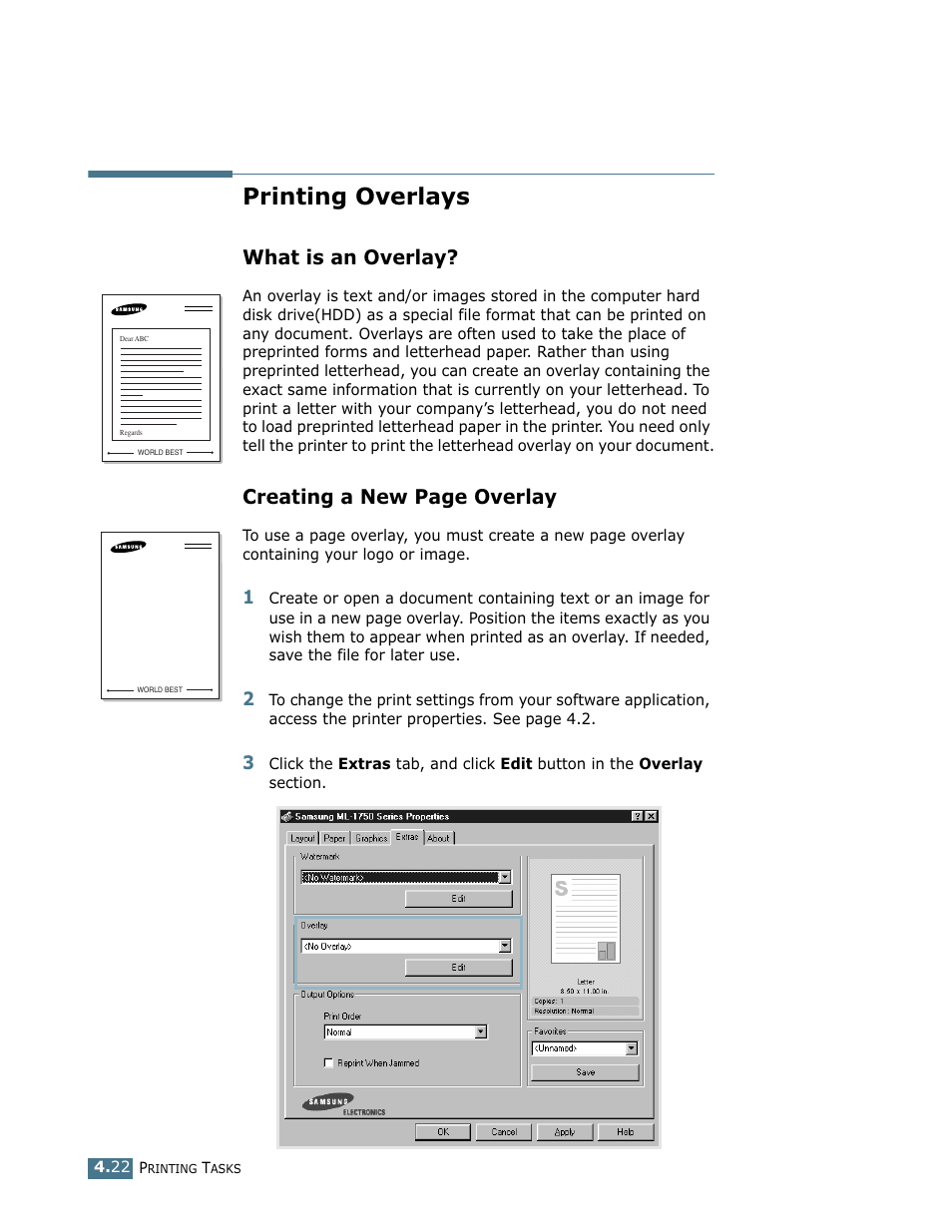 Printing overlays, What is an overlay, Creating a new page overlay | Samsung ML-1750 User Manual | Page 79 / 156