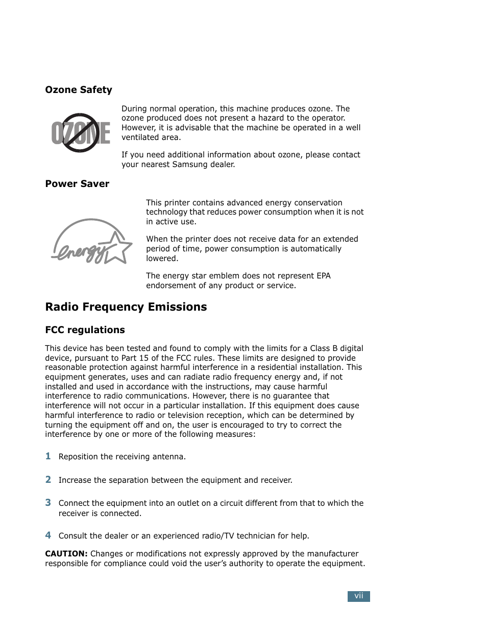 Radio frequency emissions | Samsung ML-1750 User Manual | Page 8 / 156