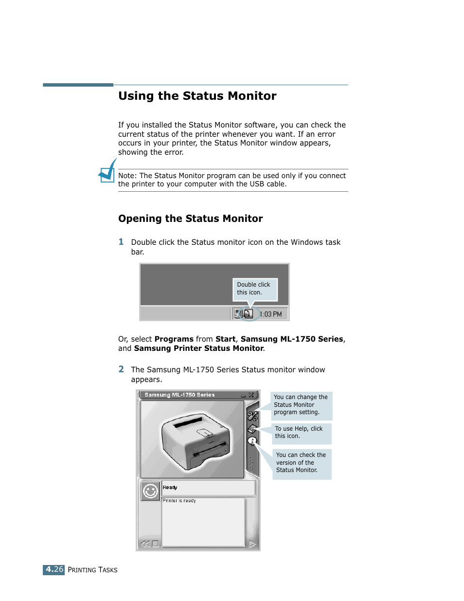 Using the status monitor, Opening the status monitor | Samsung ML-1750 User Manual | Page 83 / 156