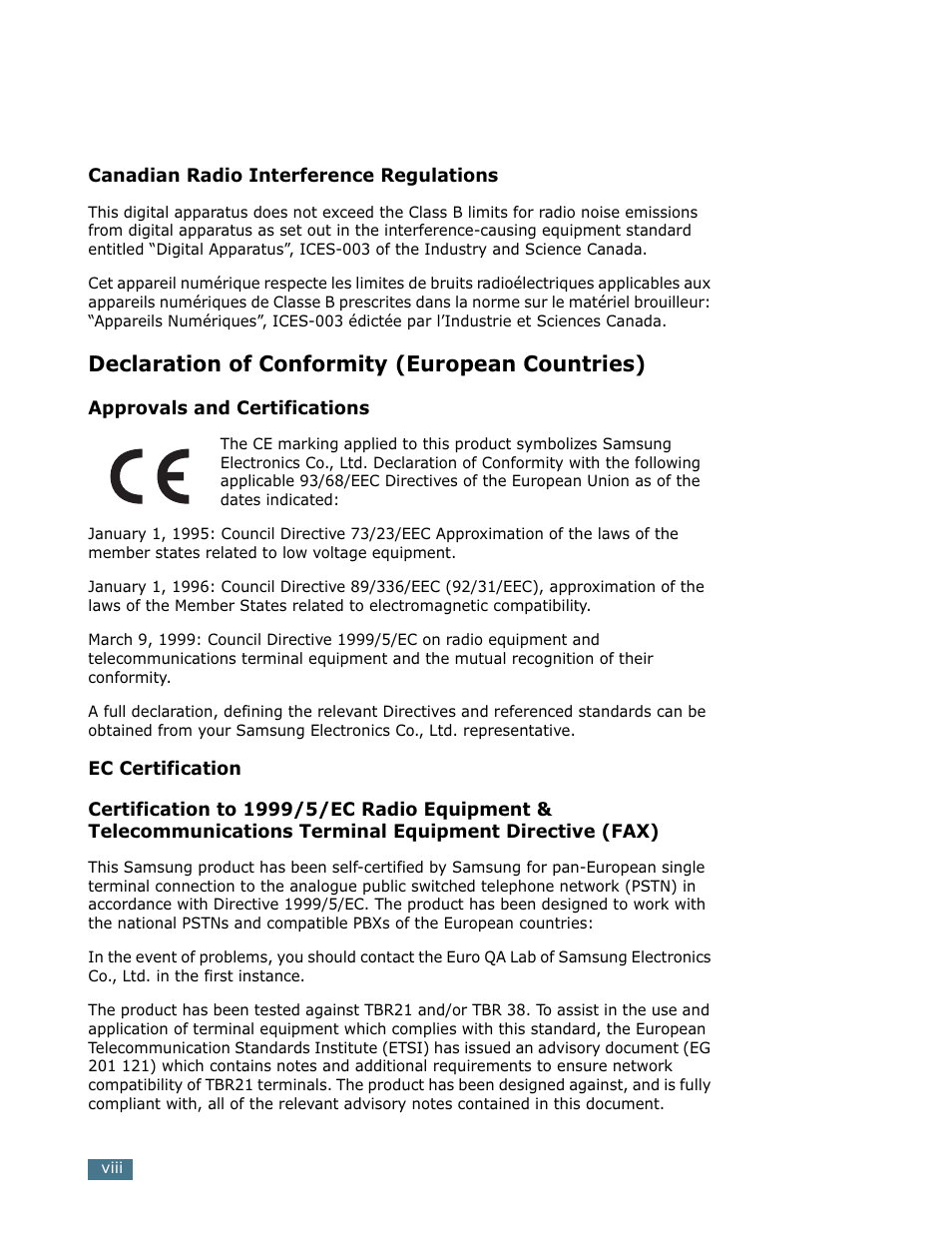 Declaration of conformity (european countries) | Samsung ML-1750 User Manual | Page 9 / 156