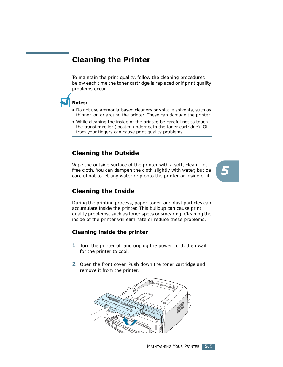 Cleaning the printer, Cleaning the outside, Cleaning the inside | Cleaning the outside cleaning the inside | Samsung ML-1750 User Manual | Page 92 / 156