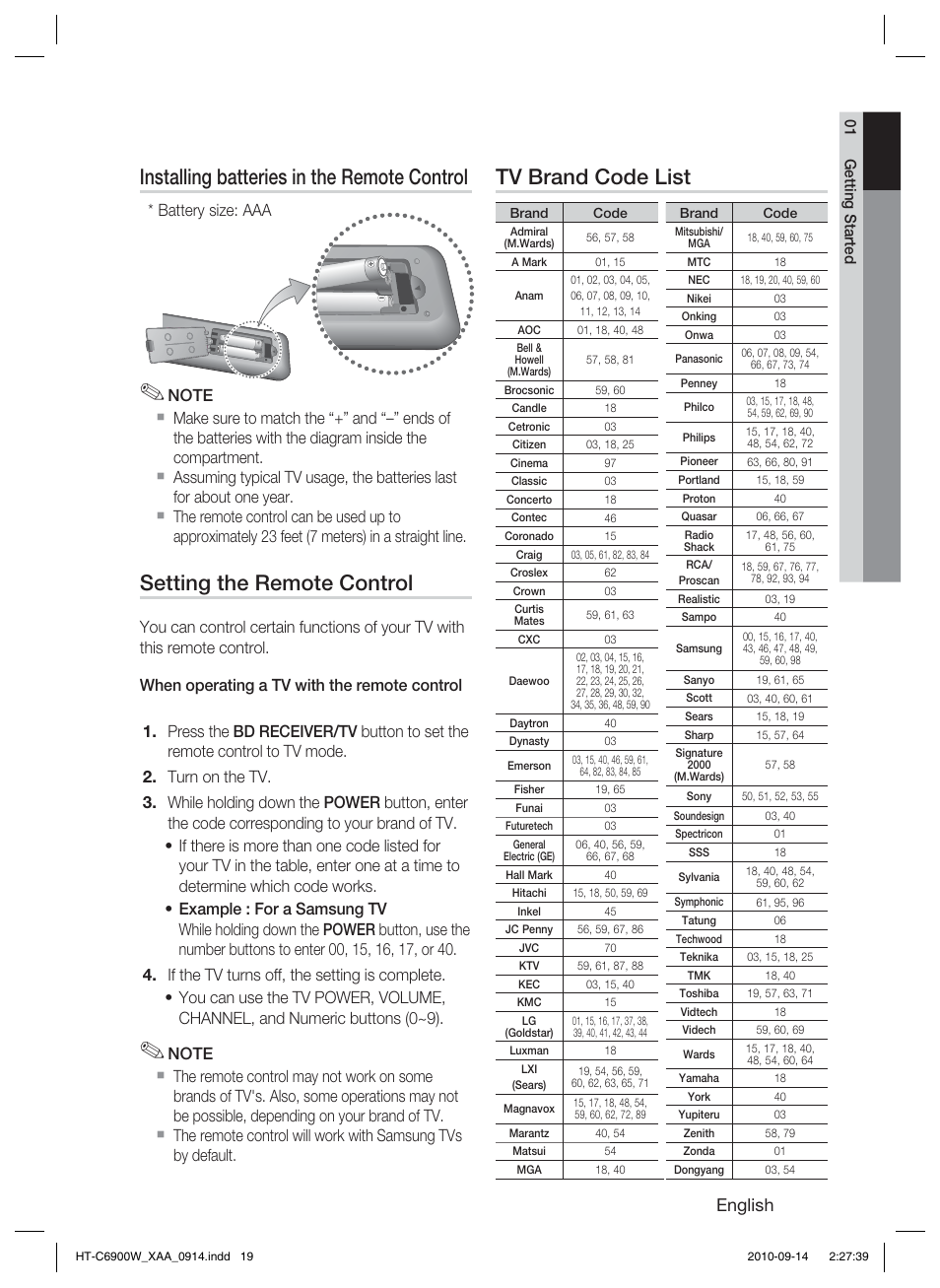 Installing batteries in the remote control, Setting the remote control, Tv brand code list | English, Battery size: aaa | Samsung 5.1CH BLU-RAY HT-C6900W User Manual | Page 19 / 73