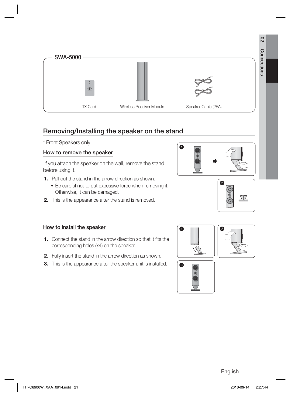 Removing/installing the speaker on the stand | Samsung 5.1CH BLU-RAY HT-C6900W User Manual | Page 21 / 73