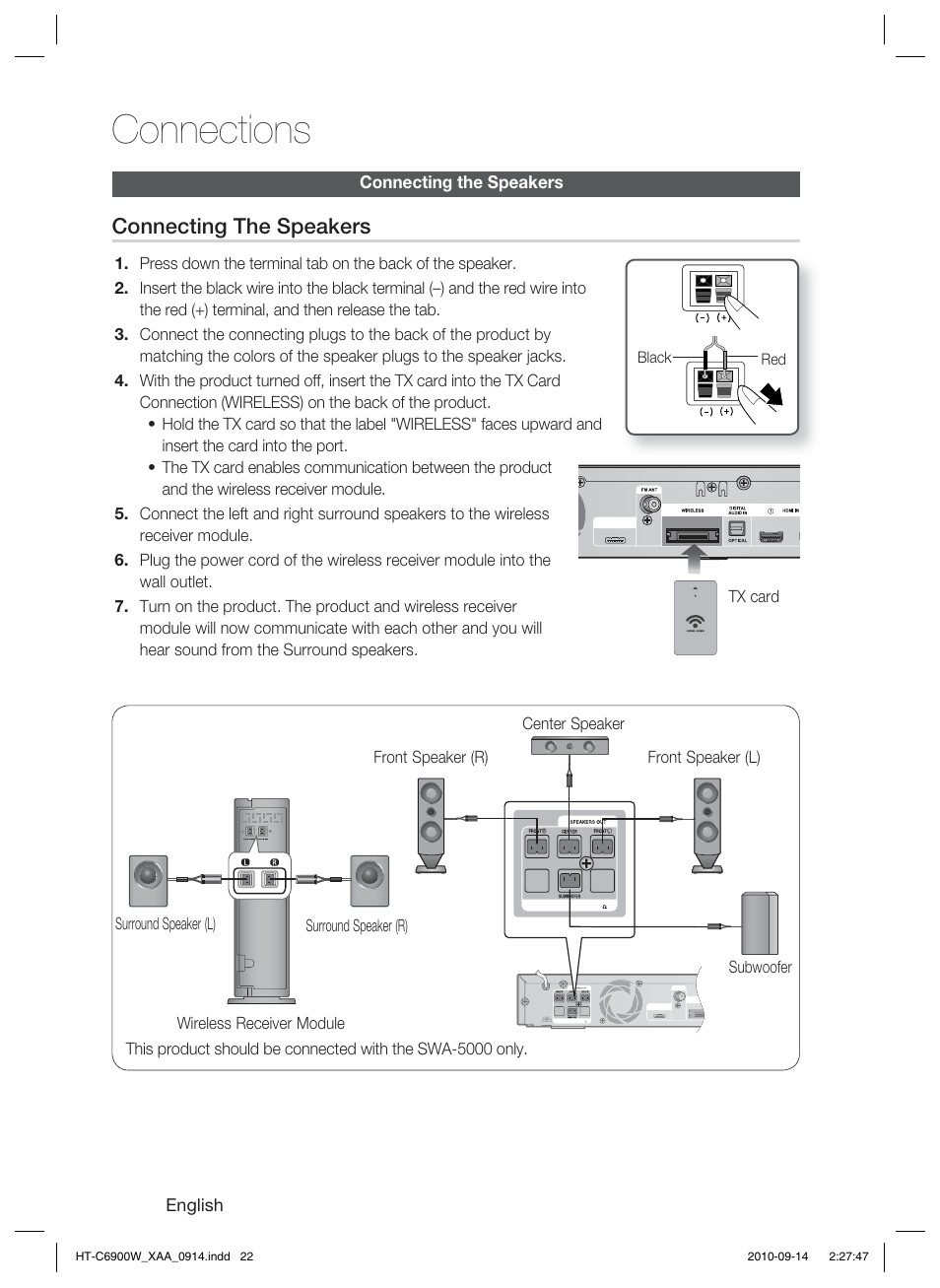 Connections, Connecting the speakers | Samsung 5.1CH BLU-RAY HT-C6900W User Manual | Page 22 / 73