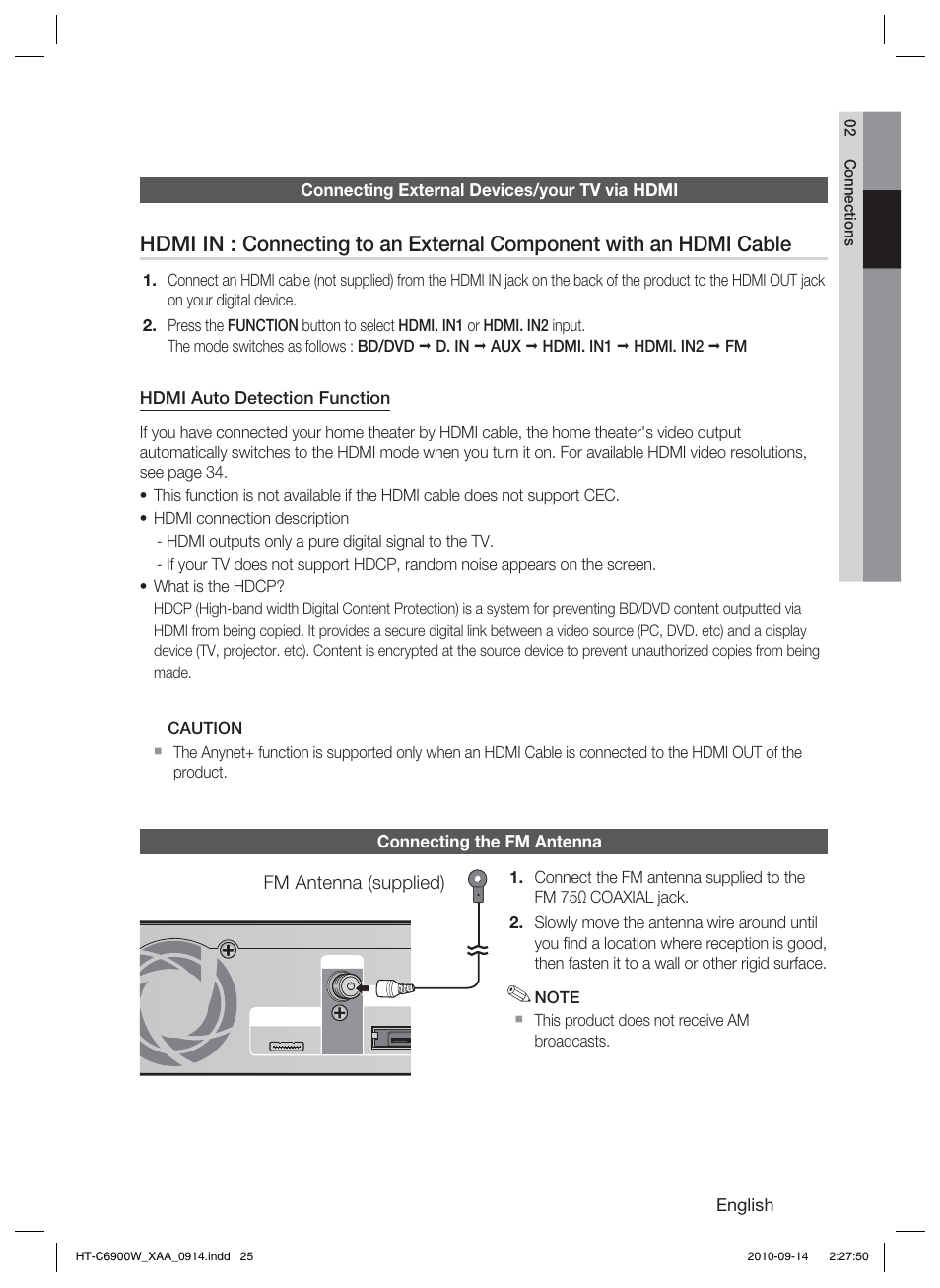 Connecting the fm antenna | Samsung 5.1CH BLU-RAY HT-C6900W User Manual | Page 25 / 73