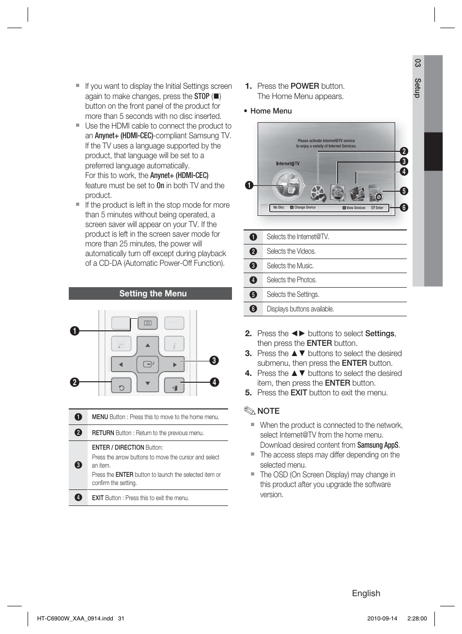 Setting the menu | Samsung 5.1CH BLU-RAY HT-C6900W User Manual | Page 31 / 73