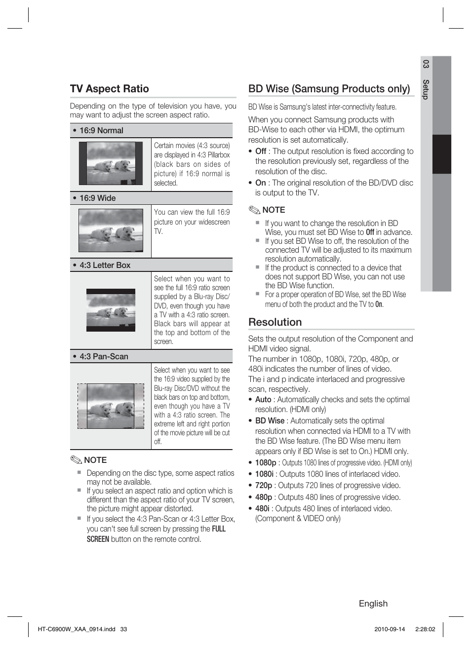 Tv aspect ratio, Bd wise (samsung products only), Resolution | Samsung 5.1CH BLU-RAY HT-C6900W User Manual | Page 33 / 73