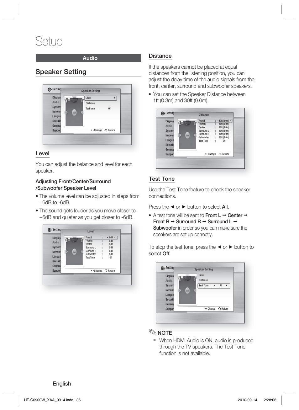 Audio, Speaker setting, Setup | English, Audio distance, Test tone, Level | Samsung 5.1CH BLU-RAY HT-C6900W User Manual | Page 36 / 73