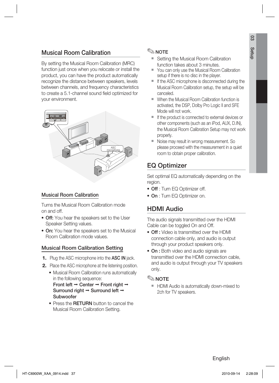 Musical room calibration, Eq optimizer, Hdmi audio | Samsung 5.1CH BLU-RAY HT-C6900W User Manual | Page 37 / 73