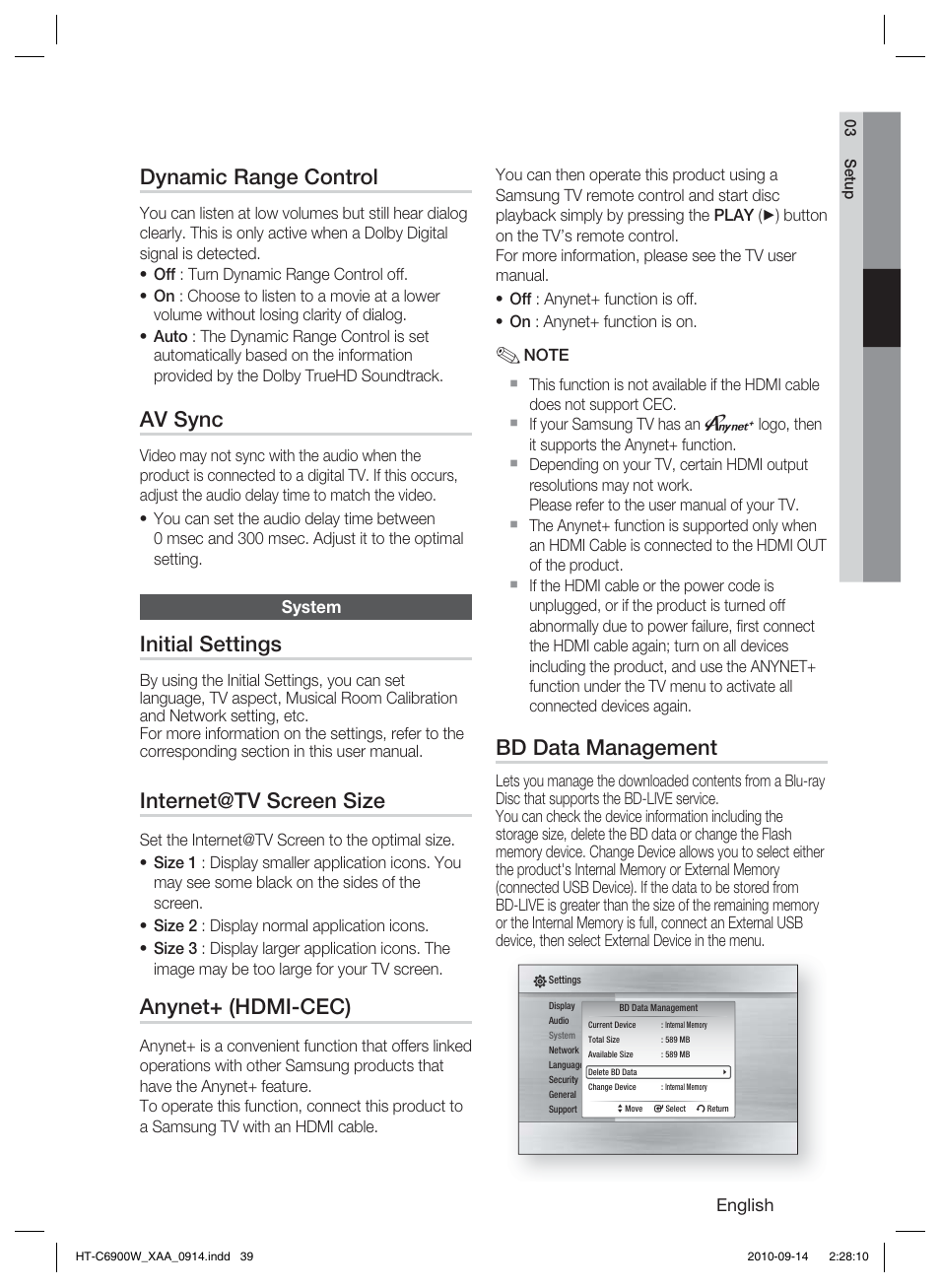 Dynamic range control, Av sync, System | Initial settings, Internet@tv screen size, Anynet+ (hdmi-cec), Bd data management | Samsung 5.1CH BLU-RAY HT-C6900W User Manual | Page 39 / 73