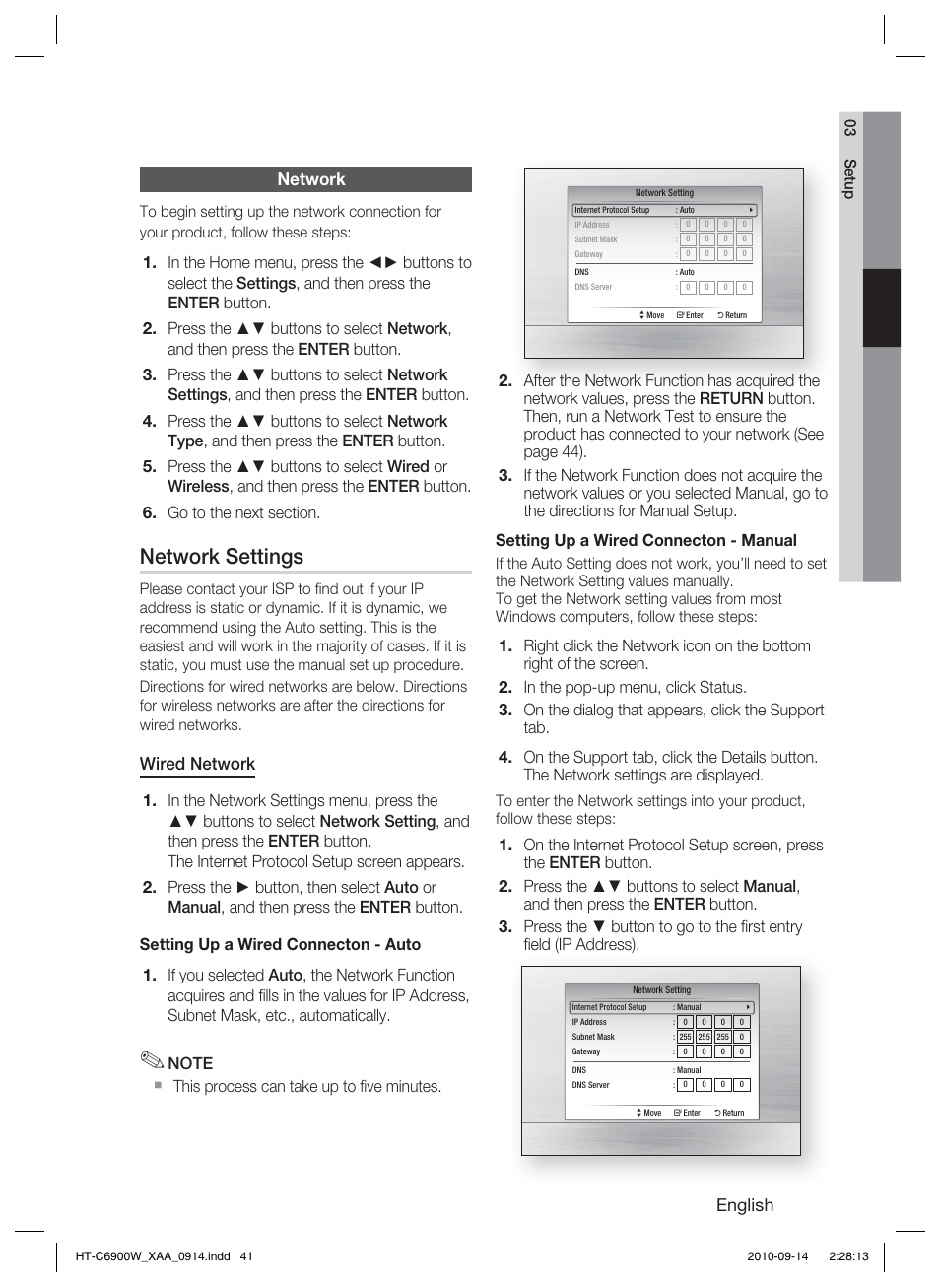 Network, Network settings, English | Wired network | Samsung 5.1CH BLU-RAY HT-C6900W User Manual | Page 41 / 73