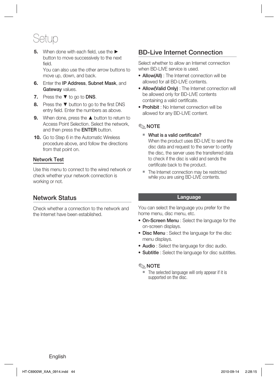 Network status, Bd-live internet connection, Language | Setup | Samsung 5.1CH BLU-RAY HT-C6900W User Manual | Page 44 / 73